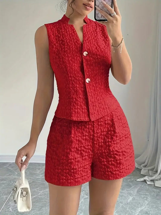 Sleeveless Textured Vest and Shorts Set for Women