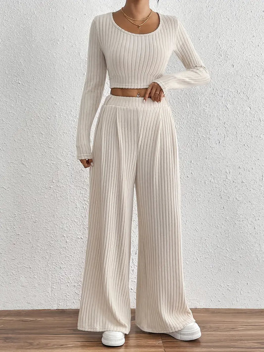 Ribbed Crop Top and Wide Leg Pants Set for Women