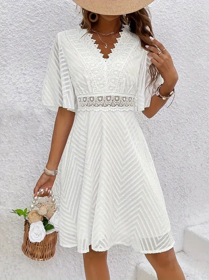 White Lace Fit and Flare Dress for Women