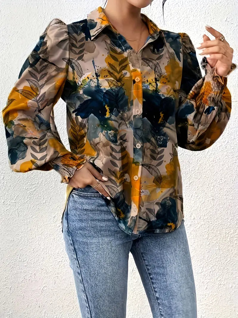 Floral Print Button Up Blouse for Women