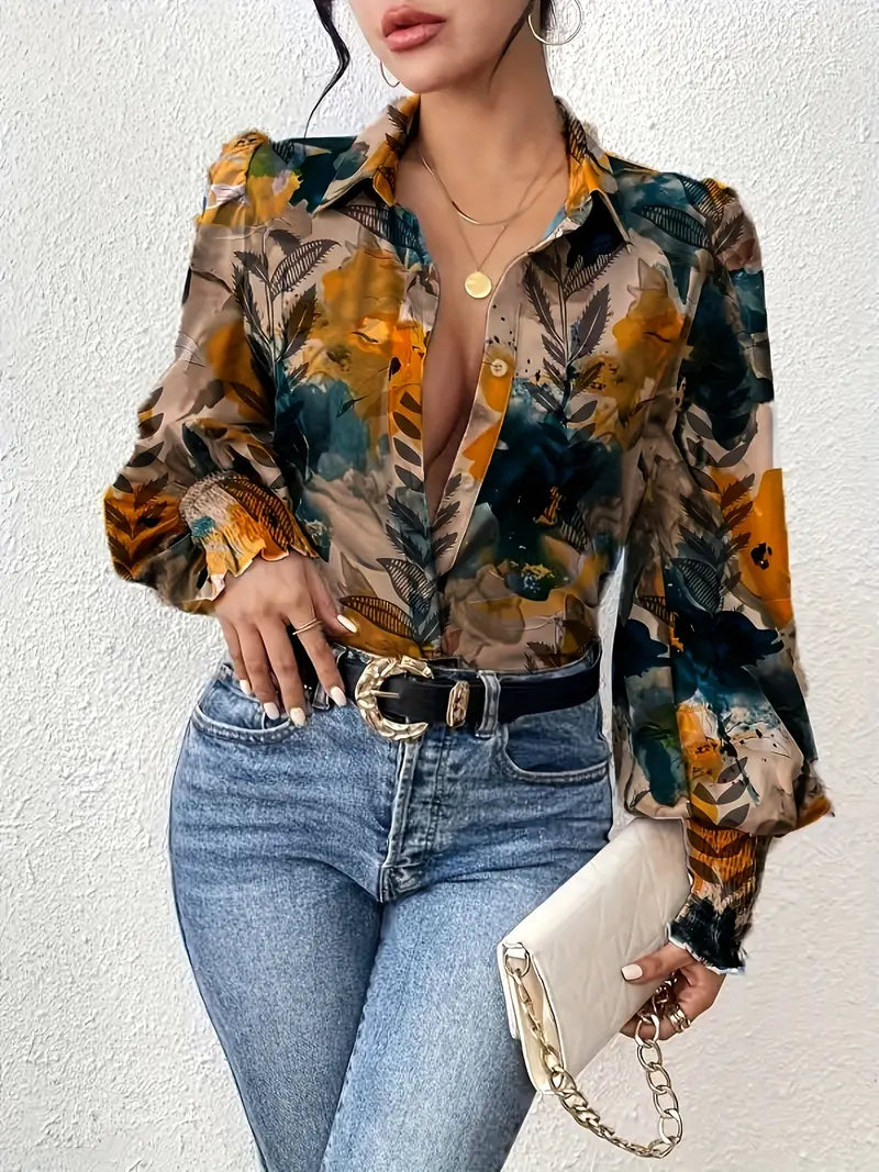 Floral Print Button Up Blouse for Women