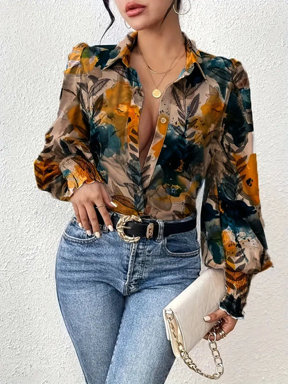 Floral Print Button Up Blouse for Women