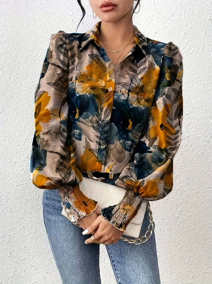 Floral Print Button Up Blouse for Women