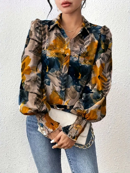 Floral Print Button Up Blouse for Women