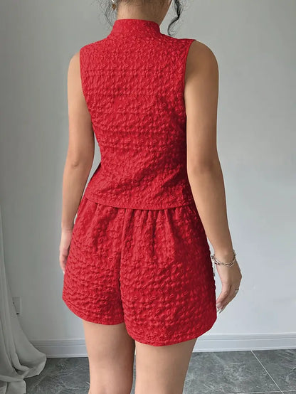 Sleeveless Textured Vest and Shorts Set for Women