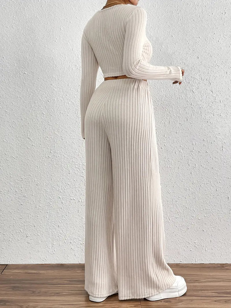 Ribbed Crop Top and Wide Leg Pants Set for Women